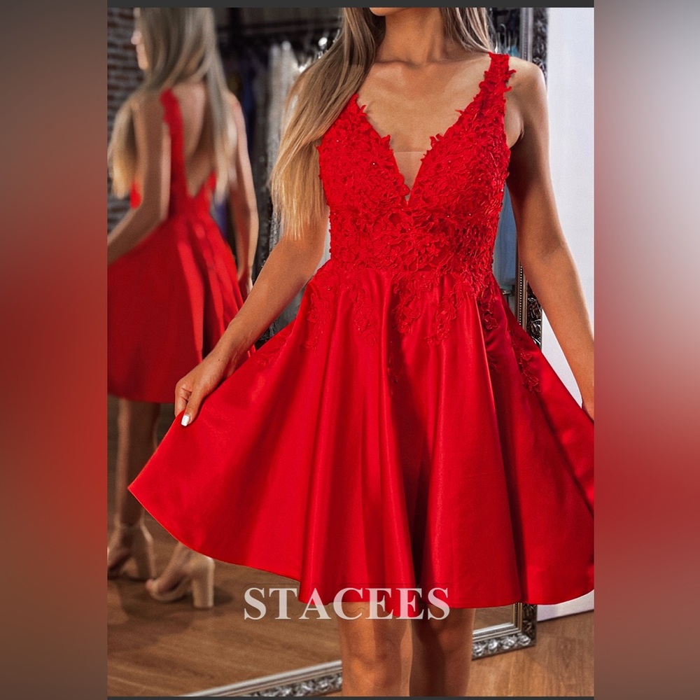 Red Faviana A-line V Neck Sleeveless Short/Mini Dress with Appliqued Beading